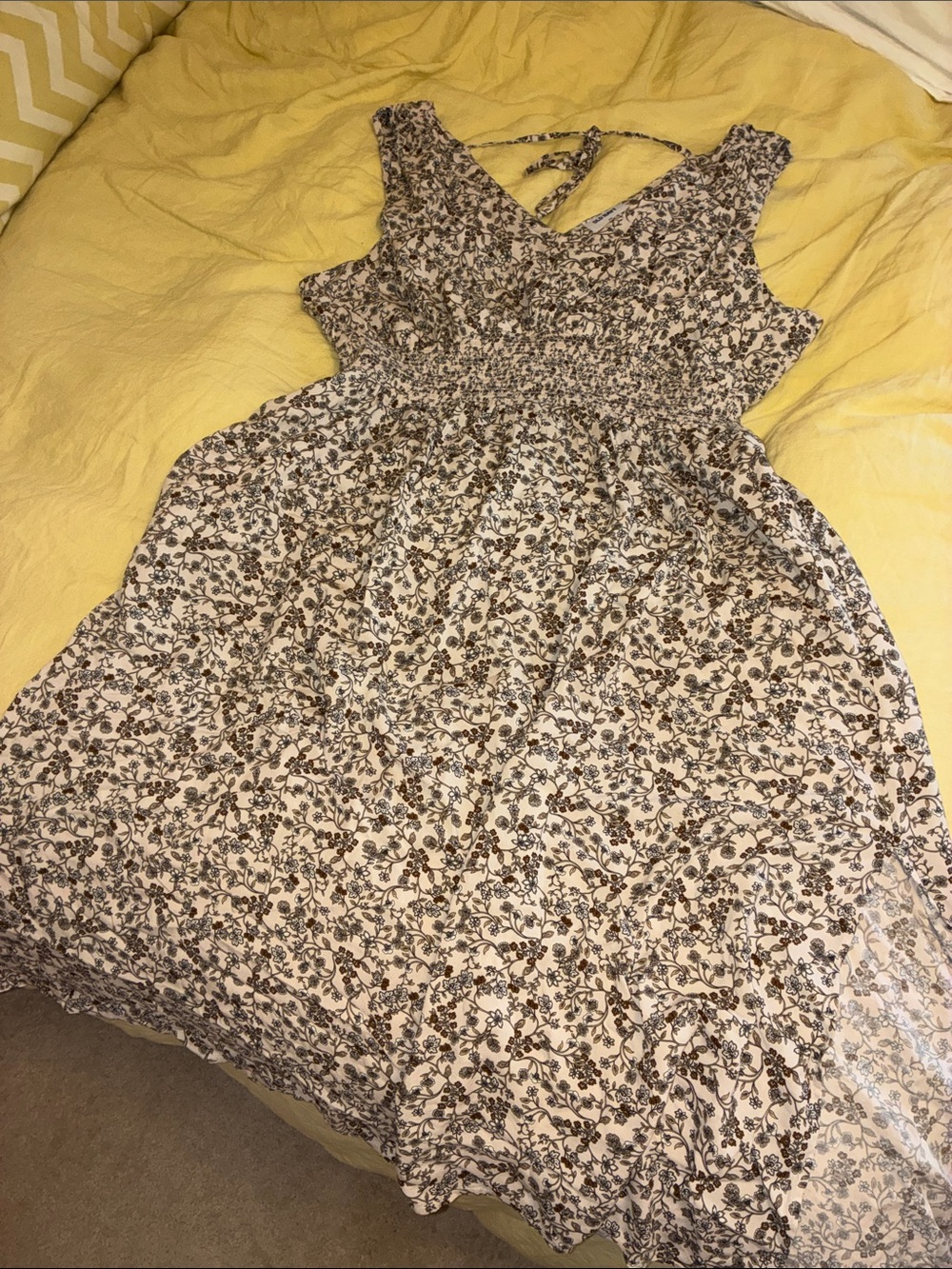 Beige Floral Midi Sundress with Smocked Waist